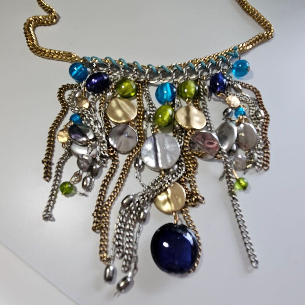 Multi tone dangling statement necklace 24" green blue